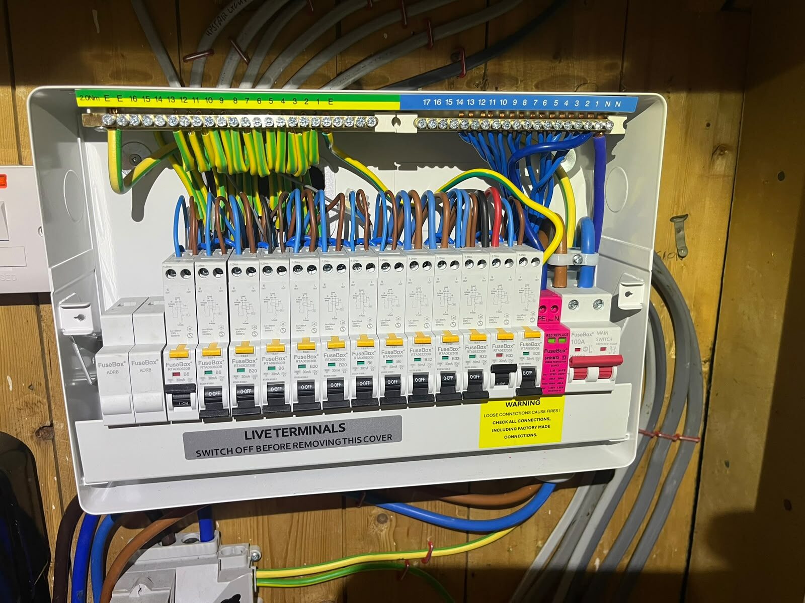 Modern fuse board with neatly dressed cabling